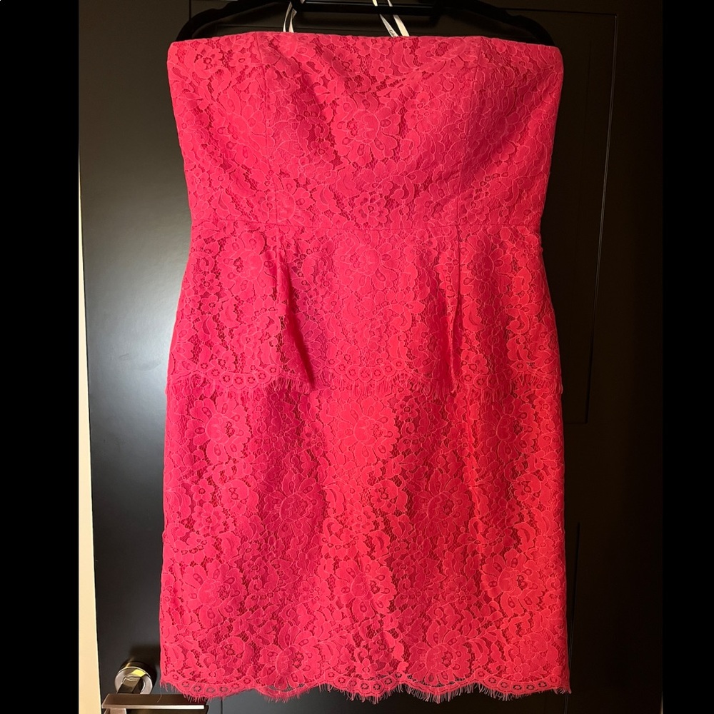 Calvin Klein Strapless Lace Peplum dress in Deep Pink